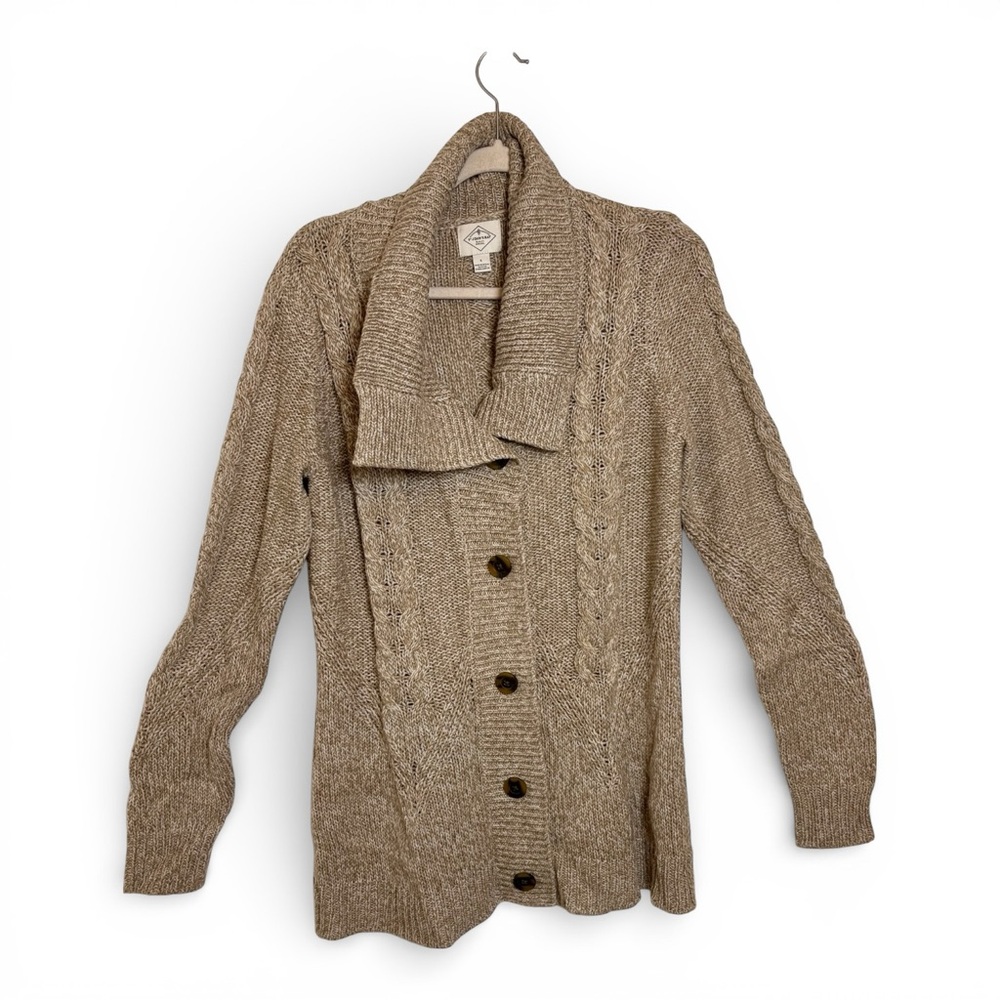 St. John’s Bay Tan Cable Knit Shawl Collar Sweater Cardigan Heritage Large